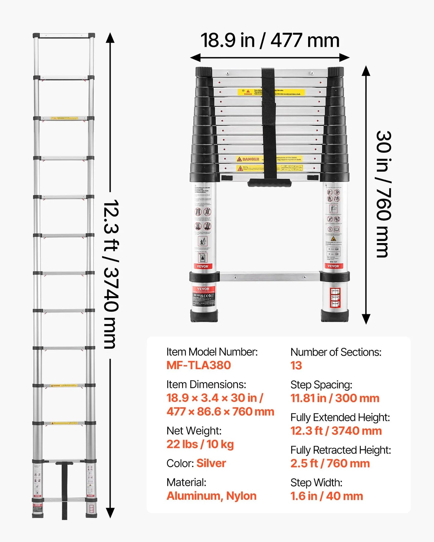 AS Equipment 12.5FT aluminum telescoping ladder with collapsible design