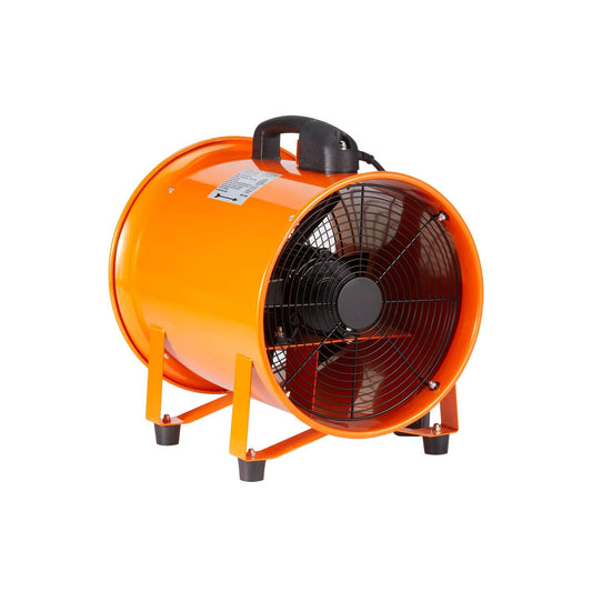 Orange industrial fan with black accents on a white background