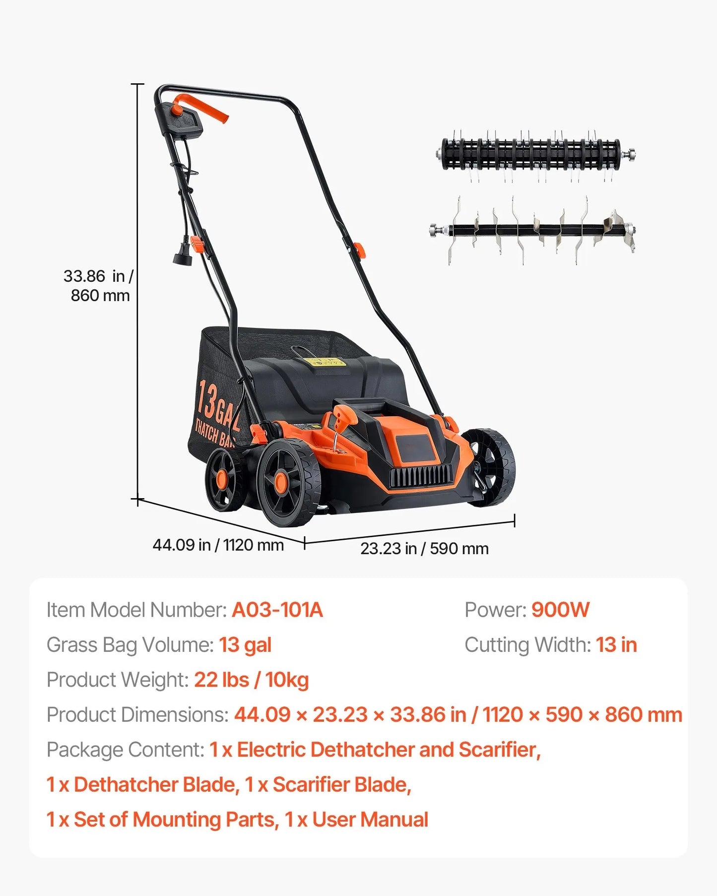 AS Equipment 13 inch electric dethatcher and scarifier with collection bag