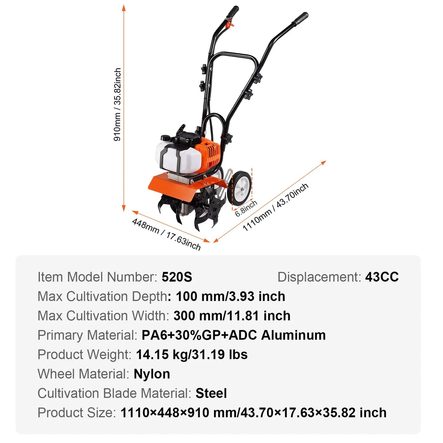 AS Equipment 43CC garden tiller cultivator with steel tines and wheels