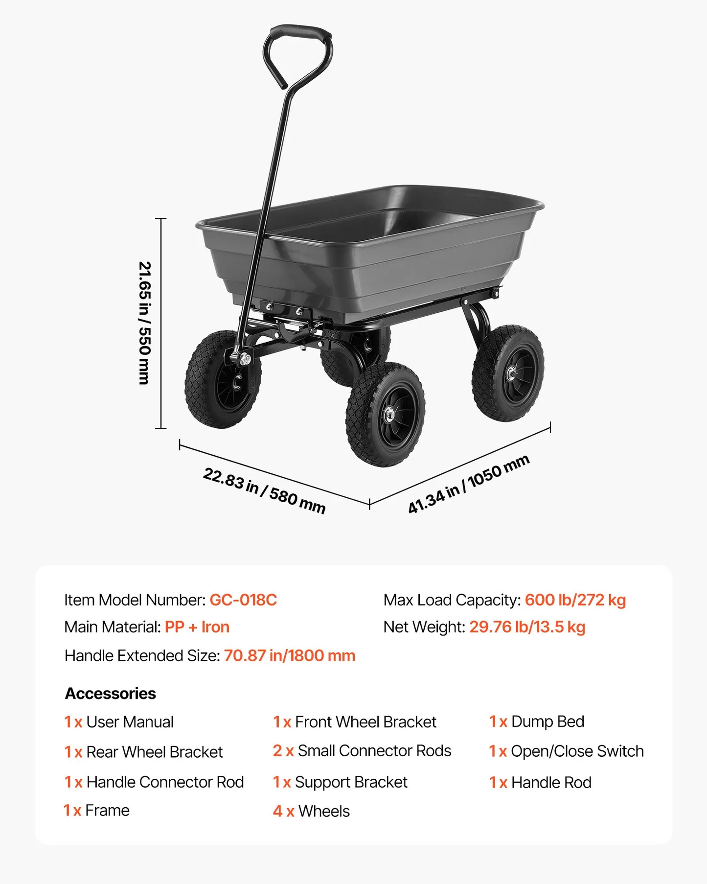 AS Equipment 600LB garden dump cart wagon with swivel wheels and quick dump tray