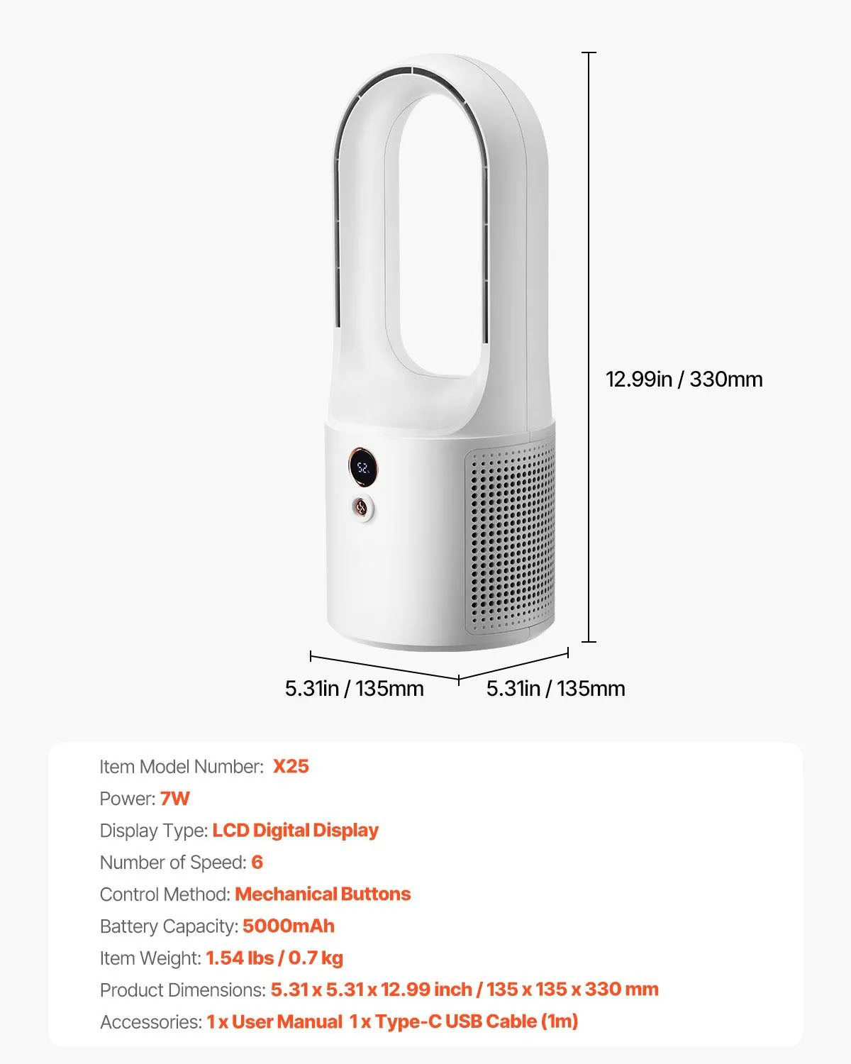 AS Equipment portable bladeless desk fan with LCD display and rechargeable battery