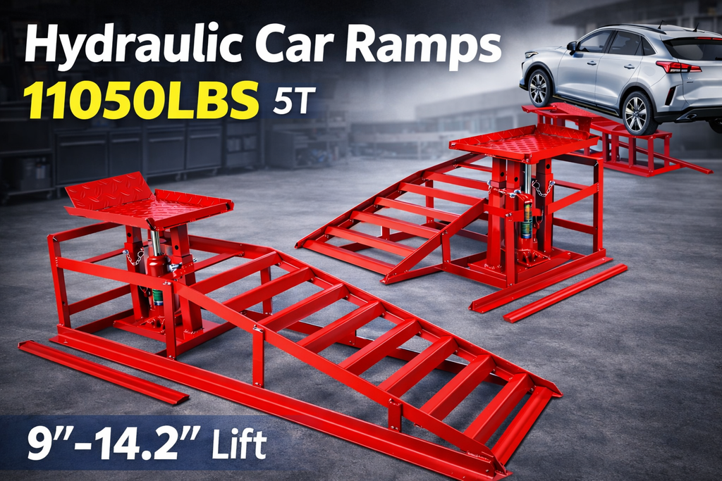 Pair of red hydraulic car ramps