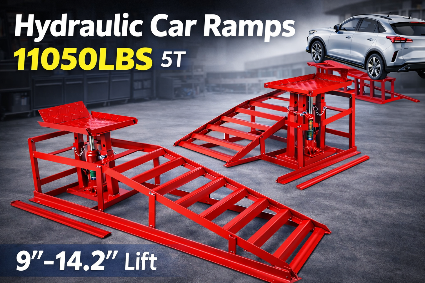 2-Pack Hydraulic Car Ramps – 5T High Lift (9–14.2 in)