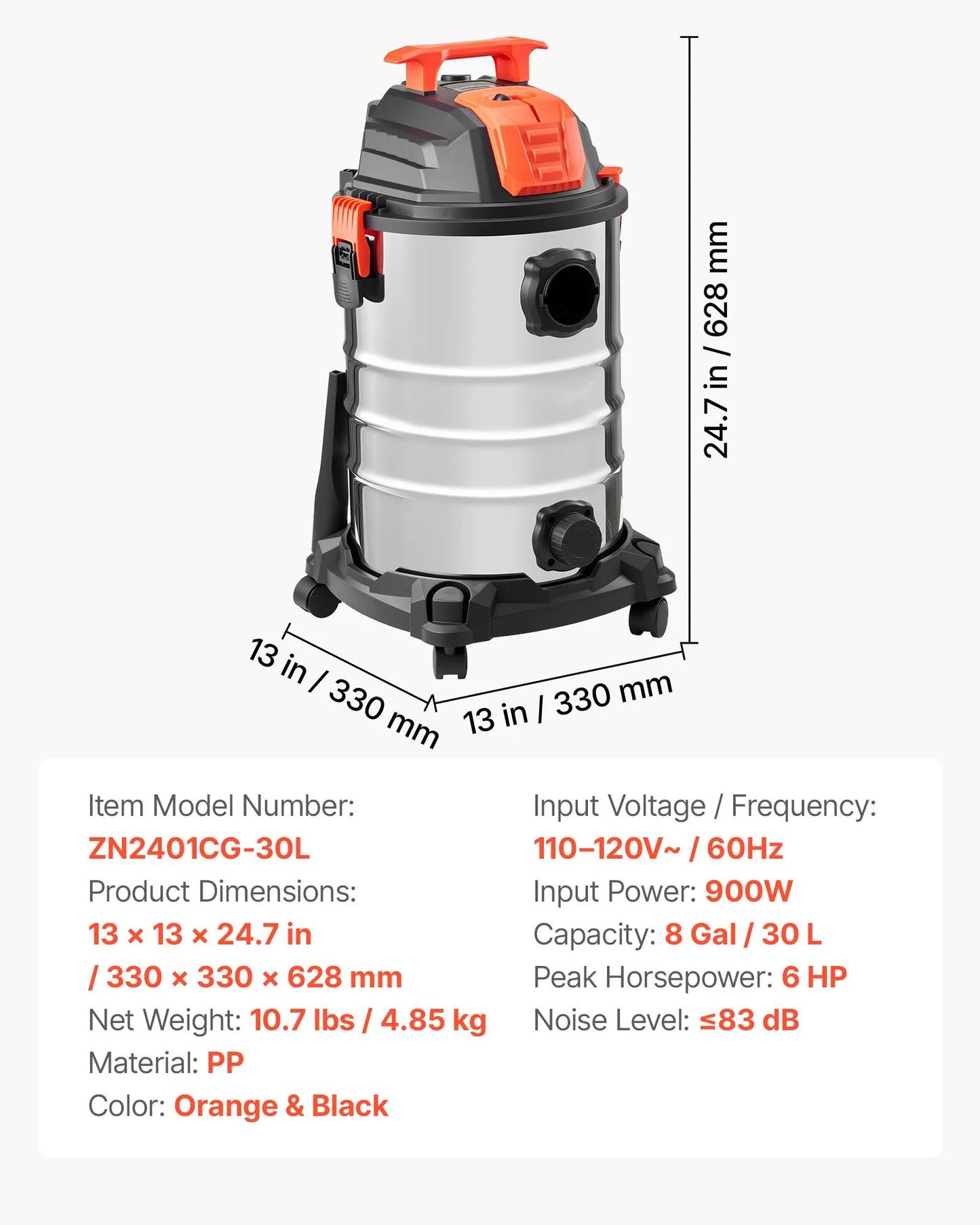 AS Equipment 8 gallon wet dry shop vacuum with metal tank and dual filter system