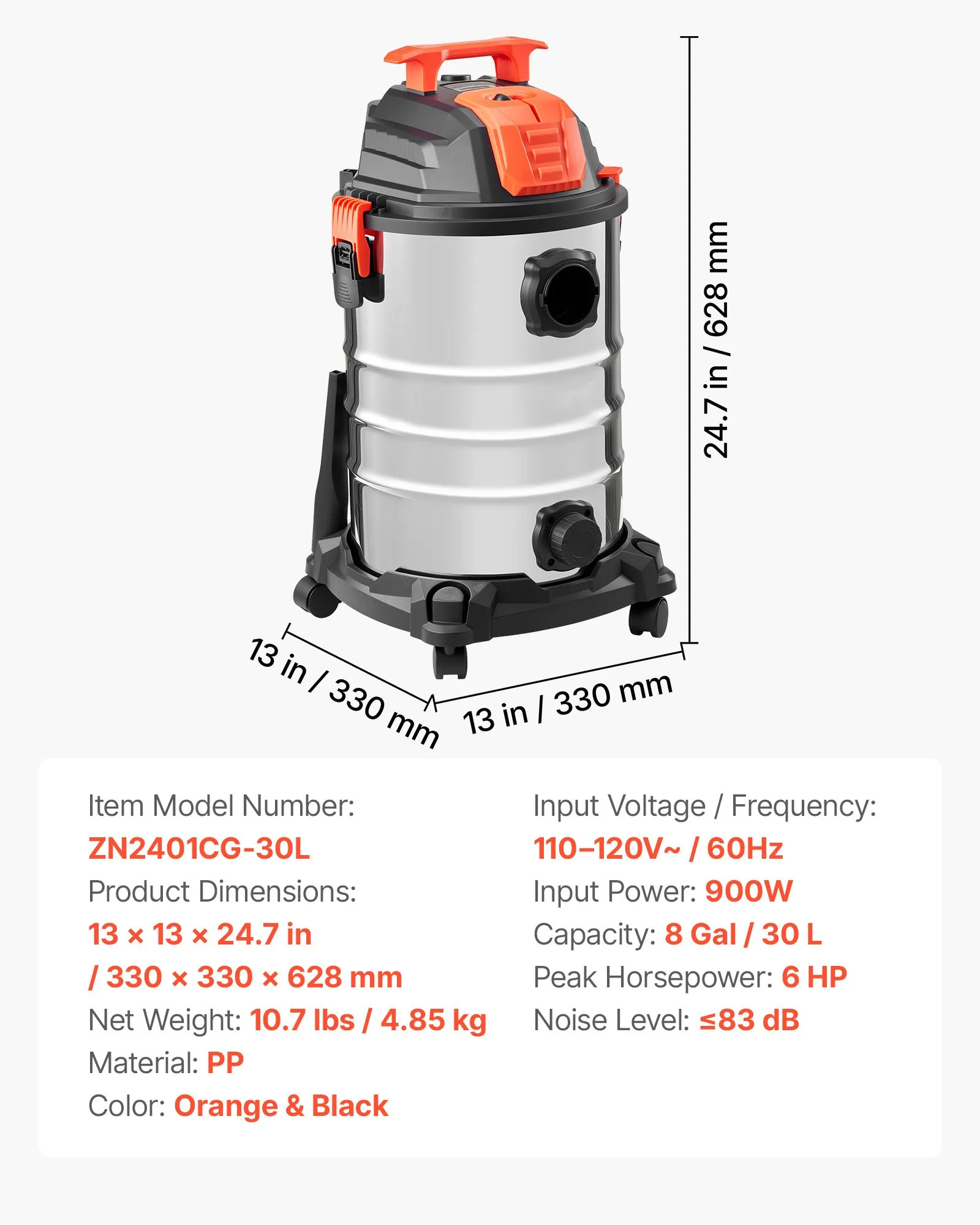 AS Equipment 8 gallon wet dry shop vacuum with metal tank and dual filter system