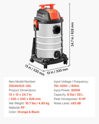 AS Equipment 8 gallon wet dry shop vacuum with metal tank and dual filter system