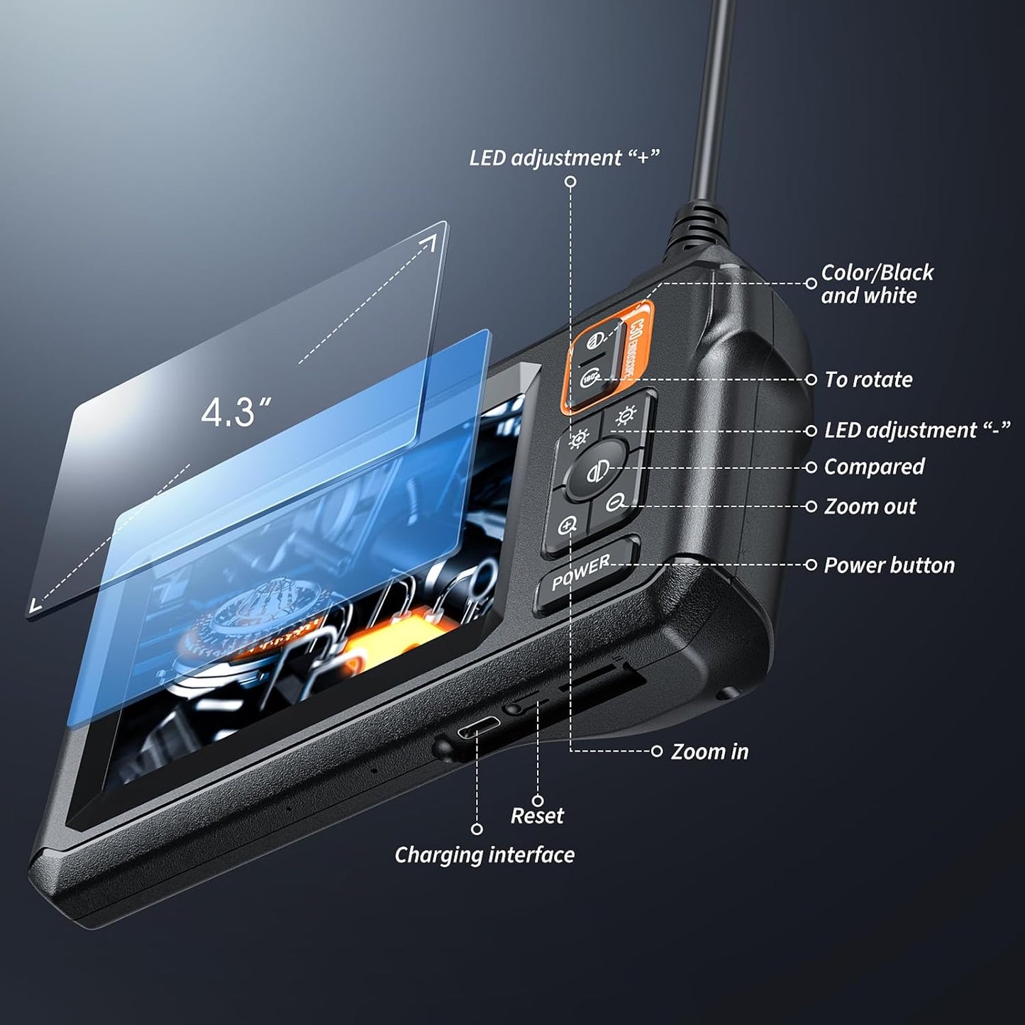 Endoscope Camera with Light – 4.3" IPS Screen & 8 LED Lights