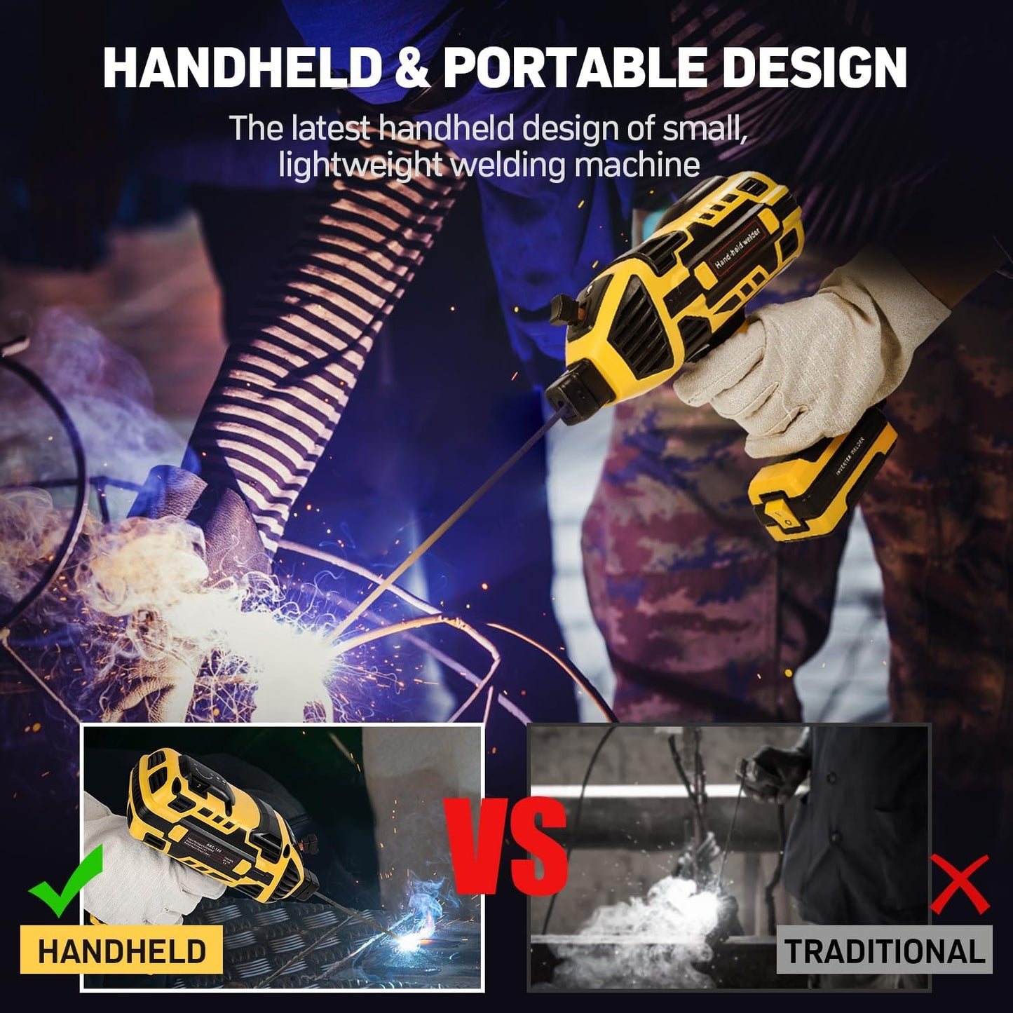 Portable handheld welding machine demonstrating welding vs traditional method with sparks.