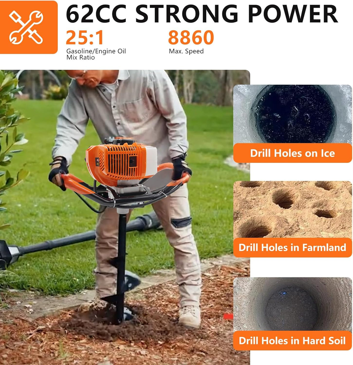 62cc Gas Auger Post Hole Digger with 6 and 8 in Bits product image 3