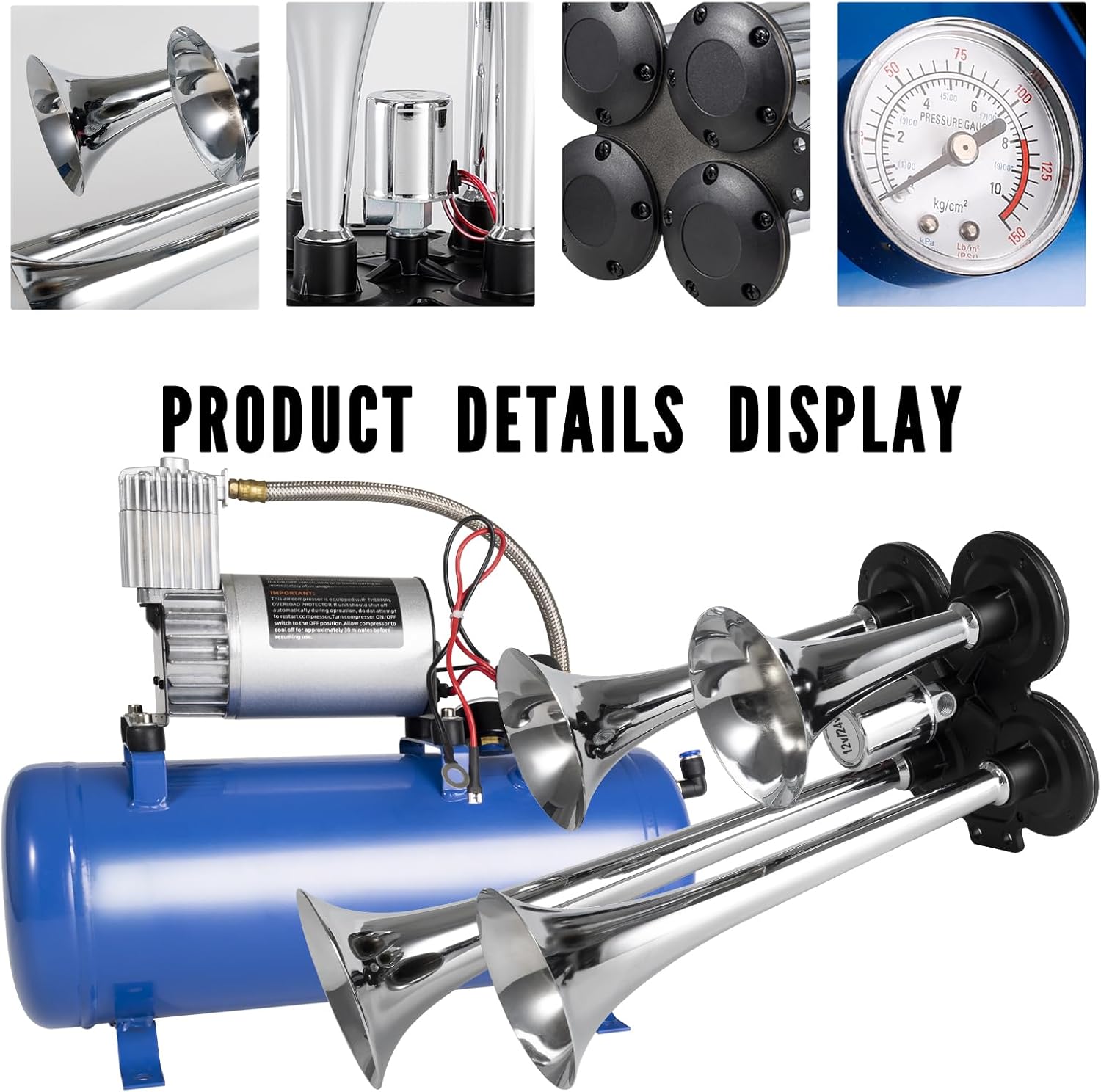 150 PSI Four-Trumpet Train Horn Kit with Air Tank product image 5