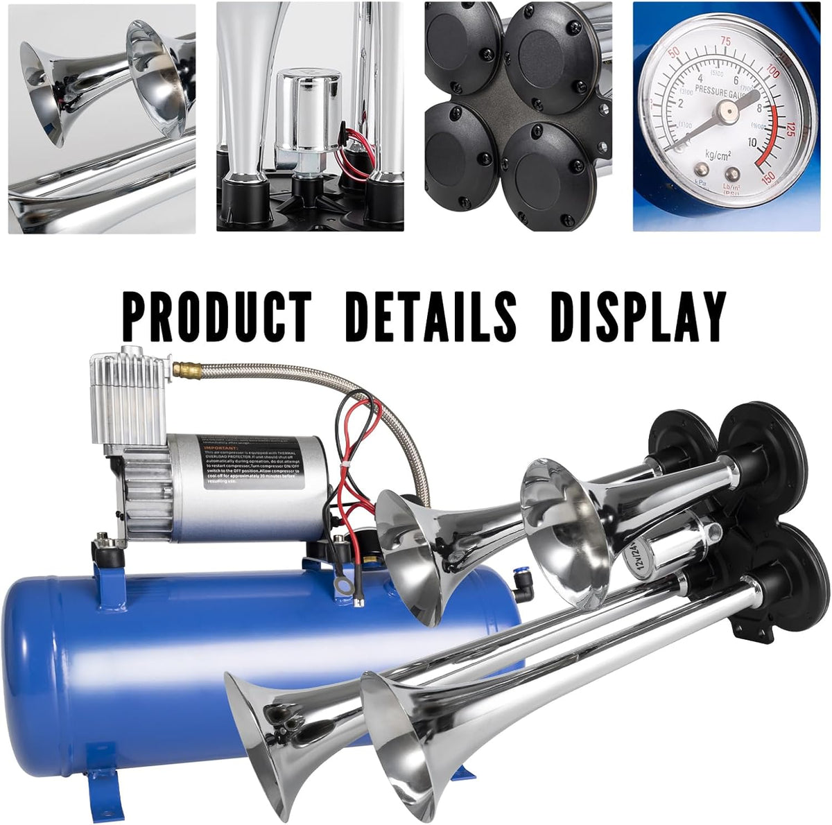 150 PSI Four-Trumpet Train Horn Kit with Air Tank product image 5