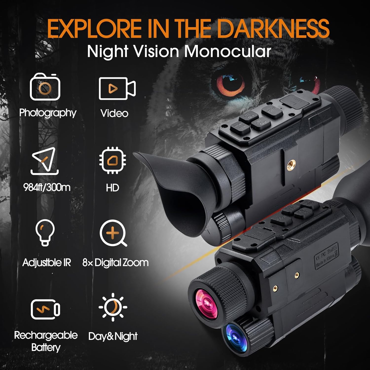 Digital night vision monocular display and controls