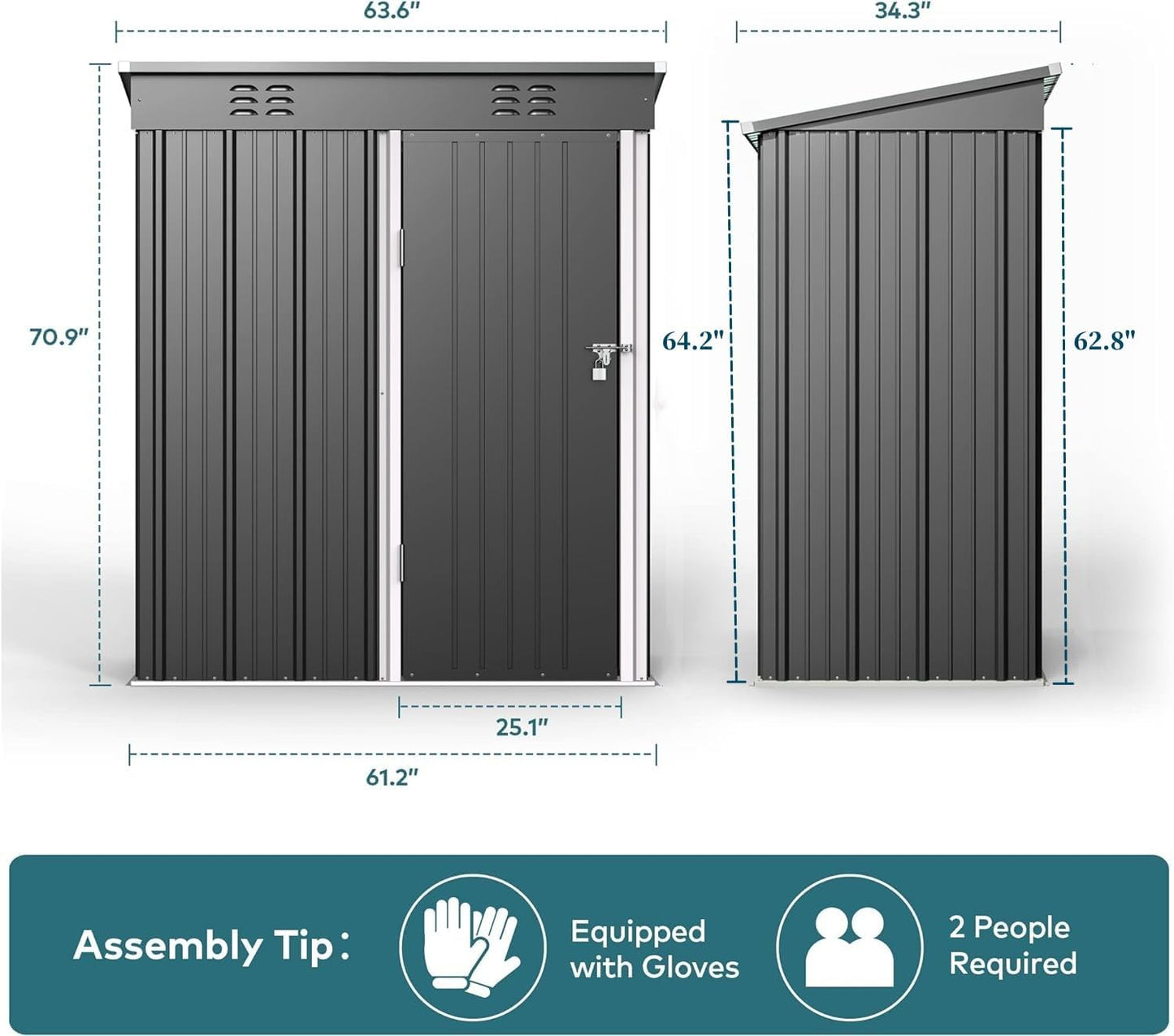 5 x 3 ft Outdoor Metal Storage Shed with Lockable Doors product image 3