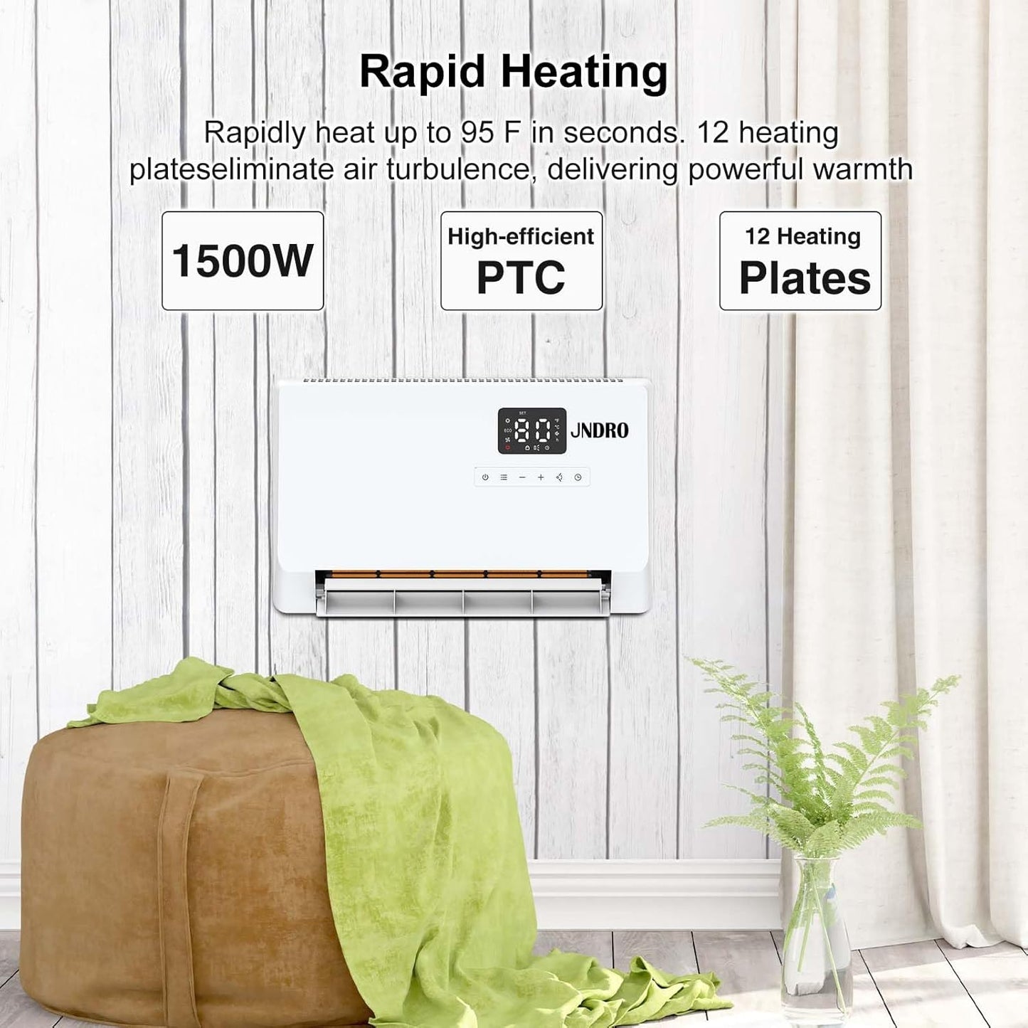 Wall-Mounted Electric Space Heater 1500W with ECO Thermostat, Remote Control, LED Display & Timer