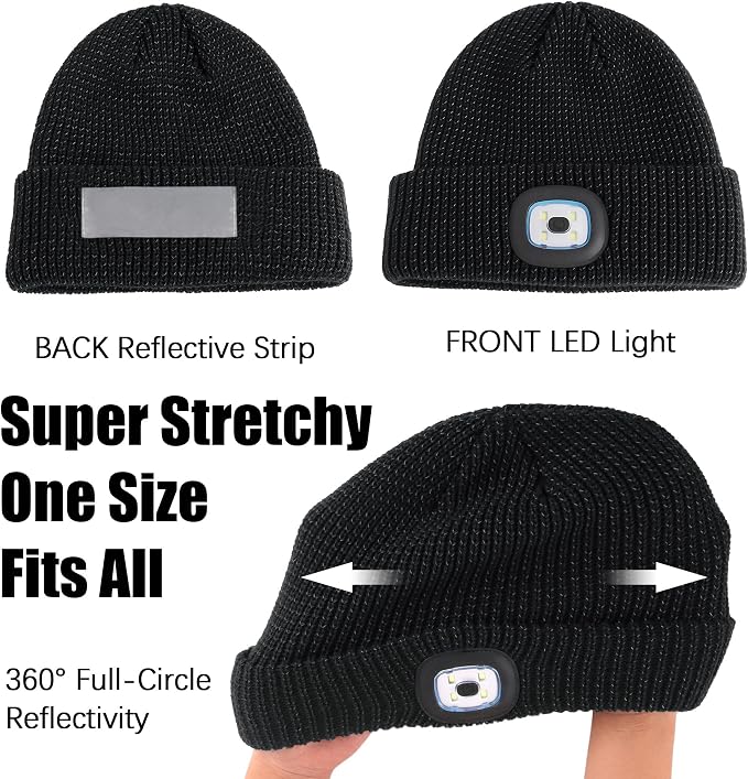 Rechargeable LED Reflective Beanie with USB Light – Winter Safety Hat