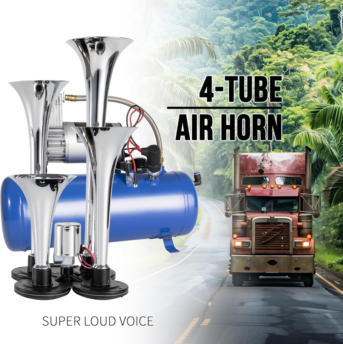 150 PSI Four-Trumpet Train Horn Kit with Air Tank product image 3