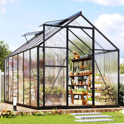 Black polycarbonate walk-in greenhouse with roof vents