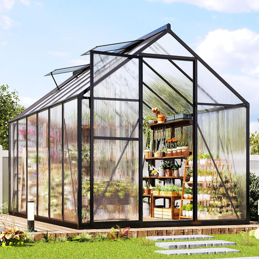 Black polycarbonate walk-in greenhouse with roof vents