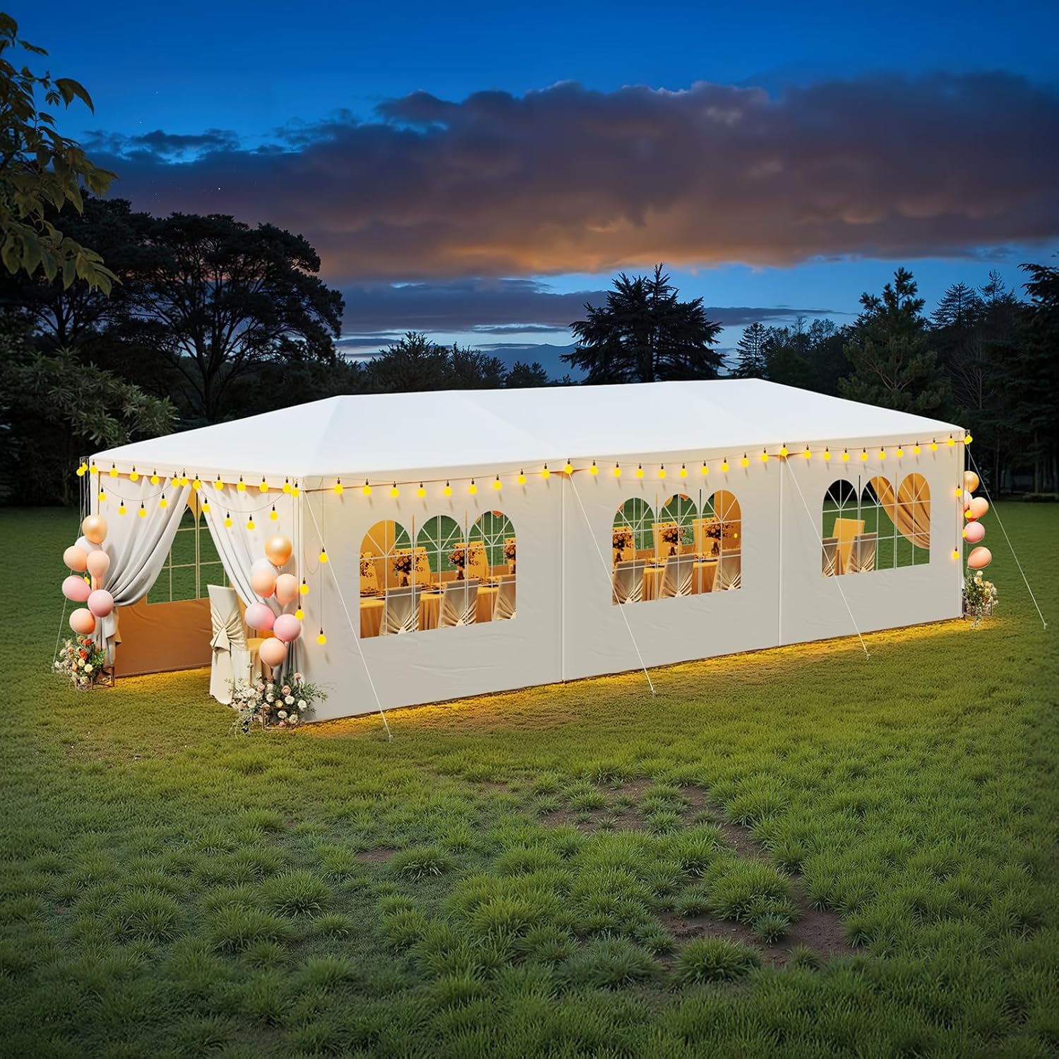 10x30 ft outdoor canopy tent decorated with balloons and lights at dusk, showing removable walls.
