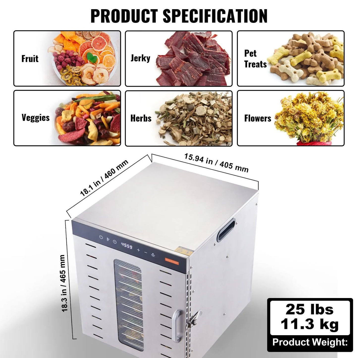AS Equipment stainless steel food dehydrator with 10 trays and digital controls
