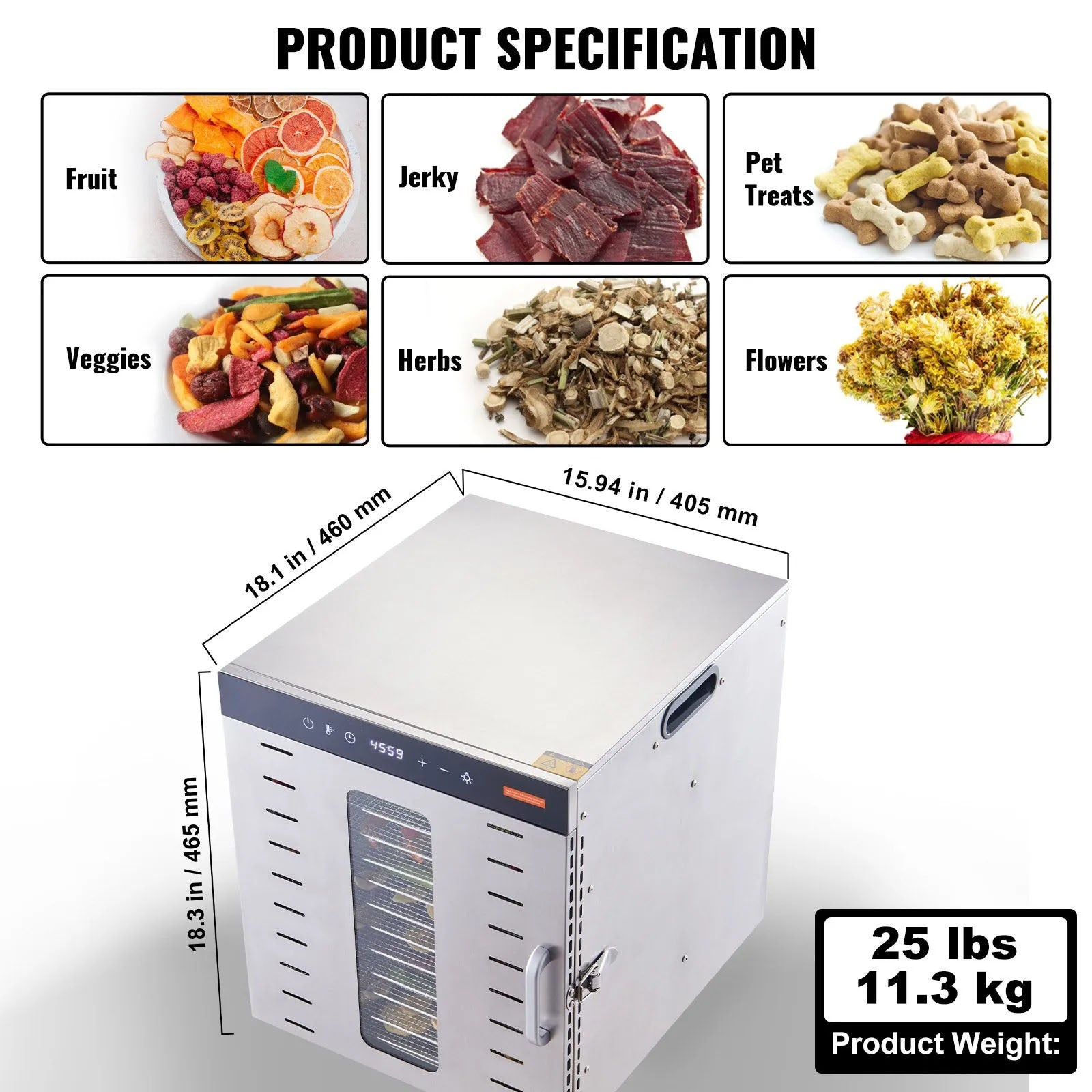 AS Equipment stainless steel food dehydrator with 10 trays and digital controls