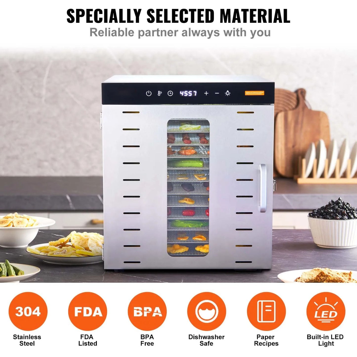 AS Equipment stainless steel food dehydrator with 10 trays and digital controls