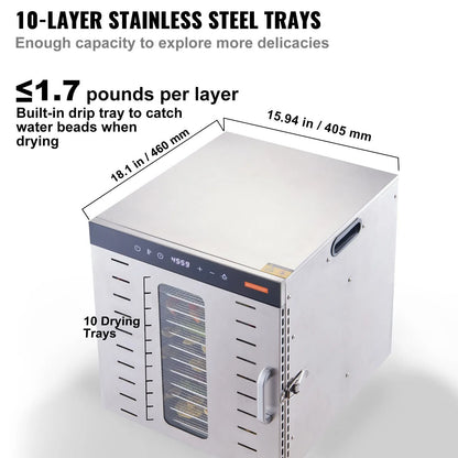 AS Equipment stainless steel food dehydrator with 10 trays and digital controls