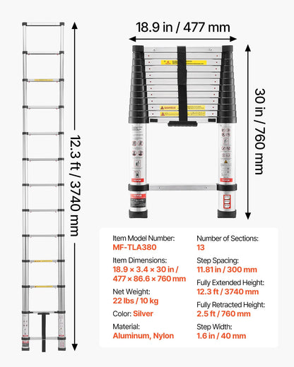 AS Equipment 12.5FT aluminum telescoping ladder with collapsible design