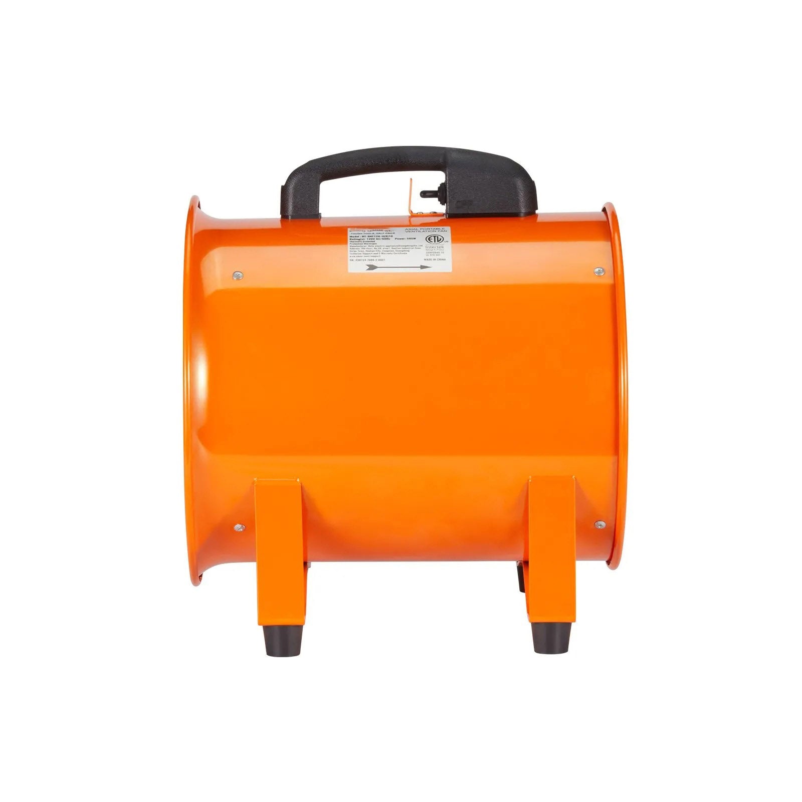Orange industrial fan with black handle on a white background