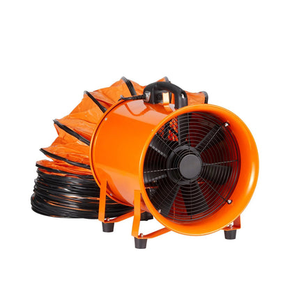Orange industrial fan with coiled hose on a white background