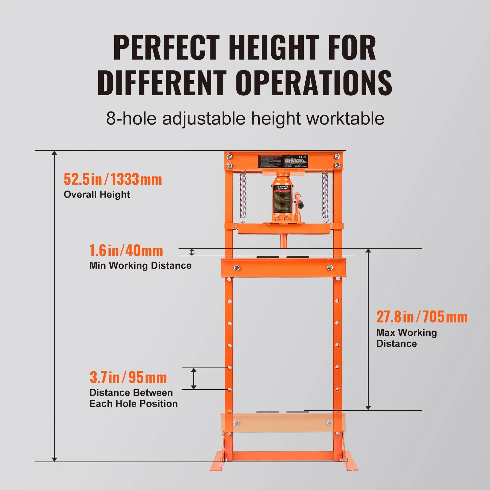 AS Equipment 12 ton hydraulic H-frame shop press with adjustable working height