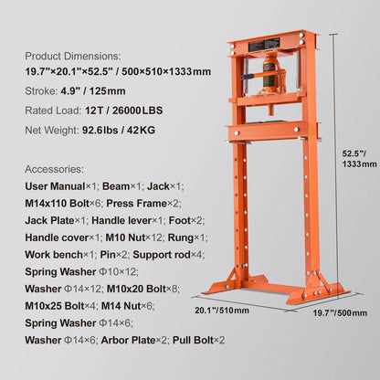 AS Equipment 12 ton hydraulic H-frame shop press with adjustable working height