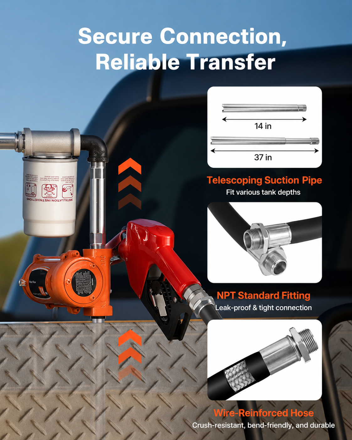 AS Equipment 12V portable fuel transfer pump kit with hose and nozzle