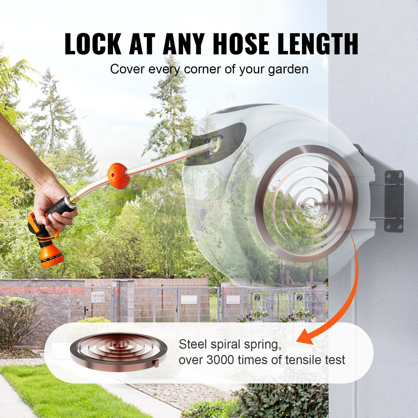 AS Equipment 130ft retractable garden hose reel wall mounted with 9 spray nozzle