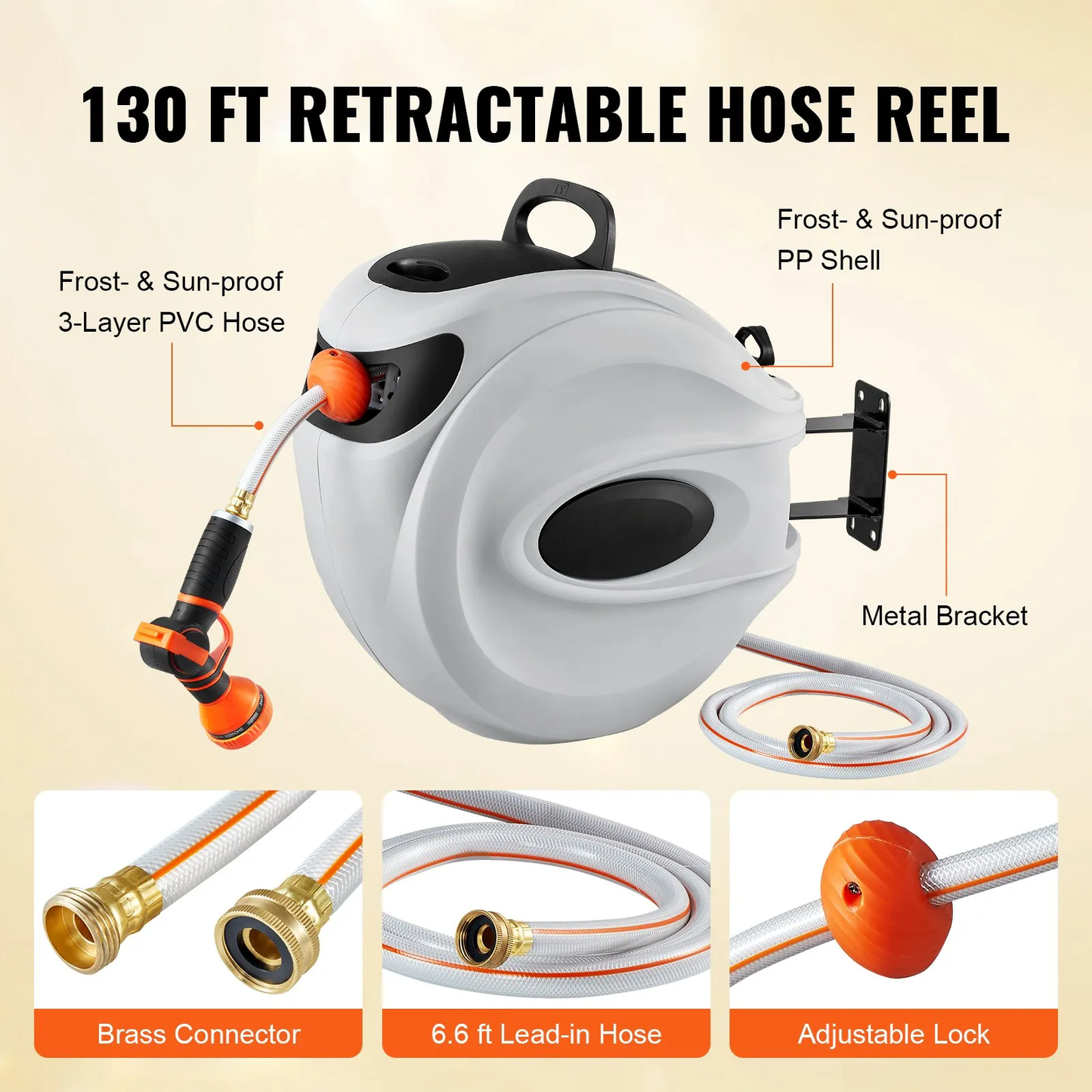 AS Equipment 130ft retractable garden hose reel wall mounted with 9 spray nozzle