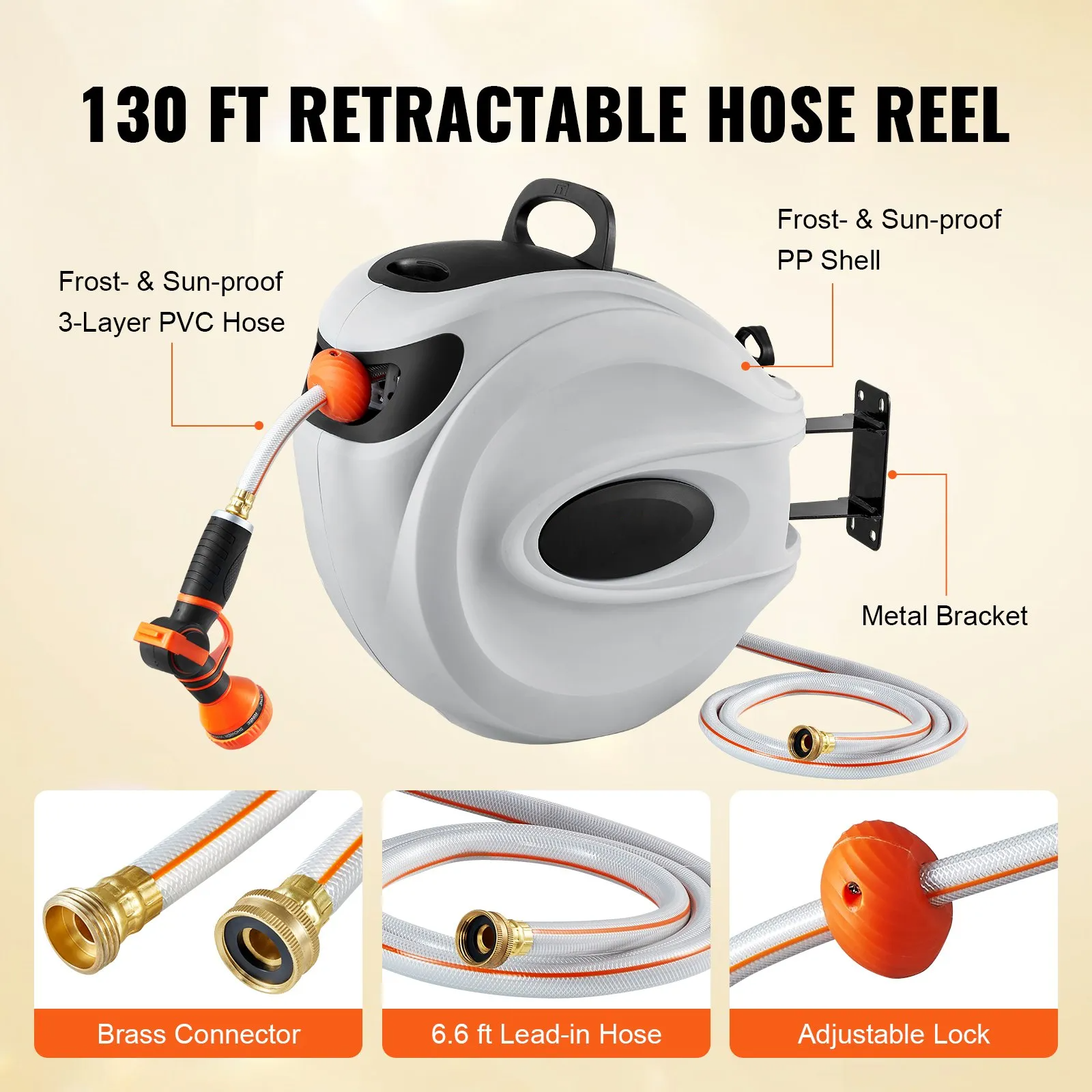 AS Equipment 130ft retractable garden hose reel wall mounted with 9 spray nozzle