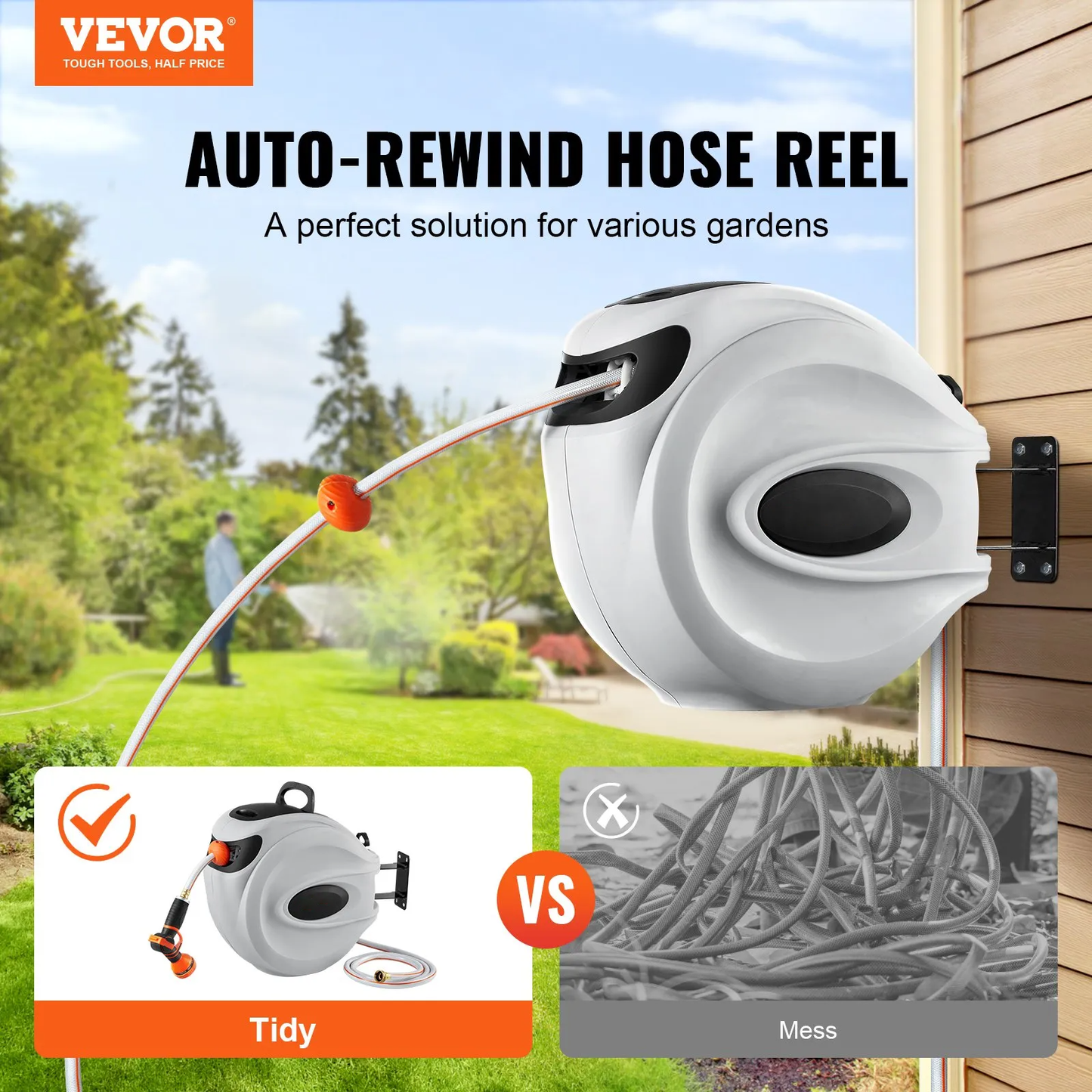 AS Equipment 130ft retractable garden hose reel wall mounted with 9 spray nozzle