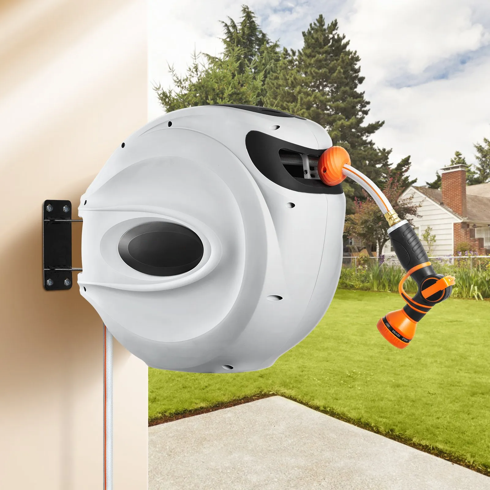 AS Equipment 130ft retractable garden hose reel wall mounted with 9 spray nozzle