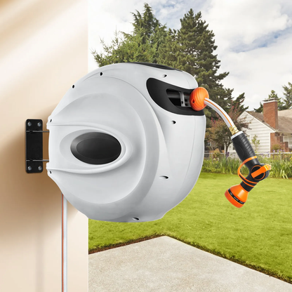 AS Equipment 130ft retractable garden hose reel wall mounted with 9 spray nozzle