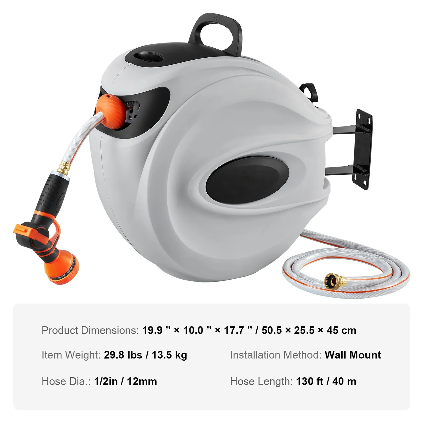 AS Equipment 130ft retractable garden hose reel wall mounted with 9 spray nozzle