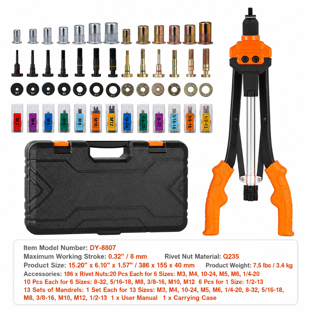 AS Equipment 16 inch rivet nut tool kit with mandrels and rivet nuts