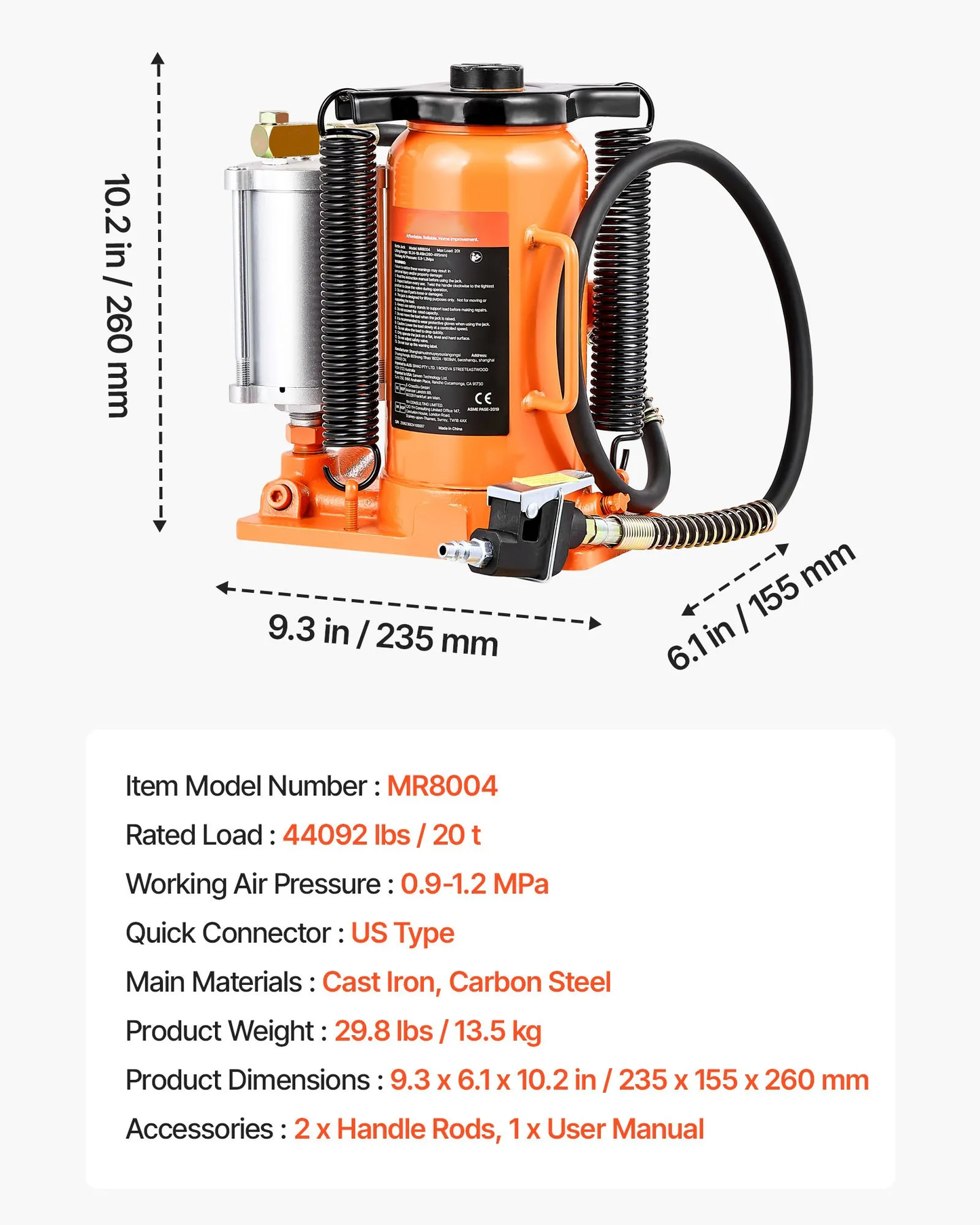 AS Equipment 20 Ton Air Hydraulic Bottle Jack