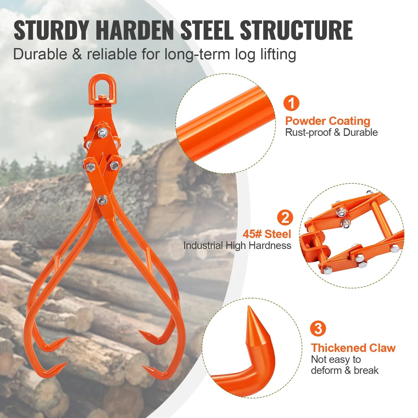AS Equipment 28 inch timber claw log grapple with swivel lifting ring