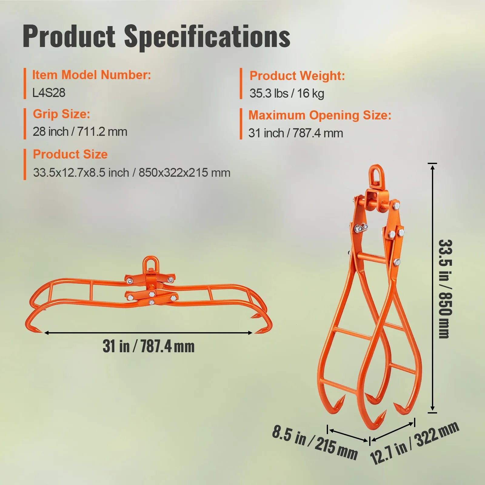AS Equipment 28 inch timber claw log grapple with swivel lifting ring
