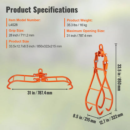 AS Equipment 28 inch timber claw log grapple with swivel lifting ring