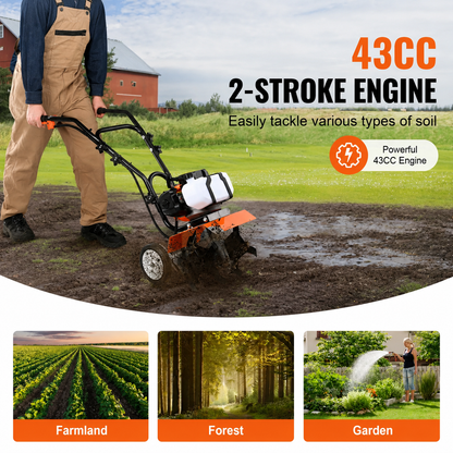AS Equipment 43CC garden tiller cultivator with steel tines and wheels