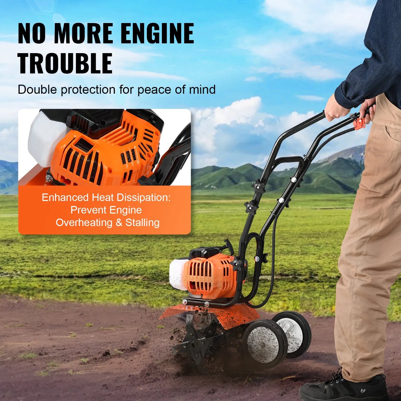 AS Equipment 43CC garden tiller cultivator with steel tines and wheels