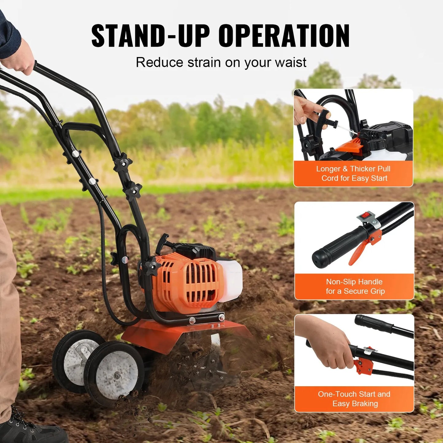 AS Equipment 43CC garden tiller cultivator with steel tines and wheels