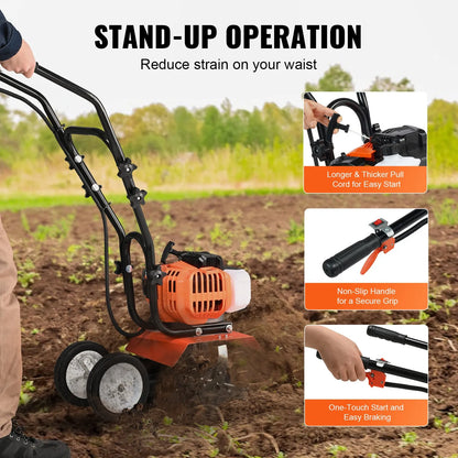 AS Equipment 43CC garden tiller cultivator with steel tines and wheels